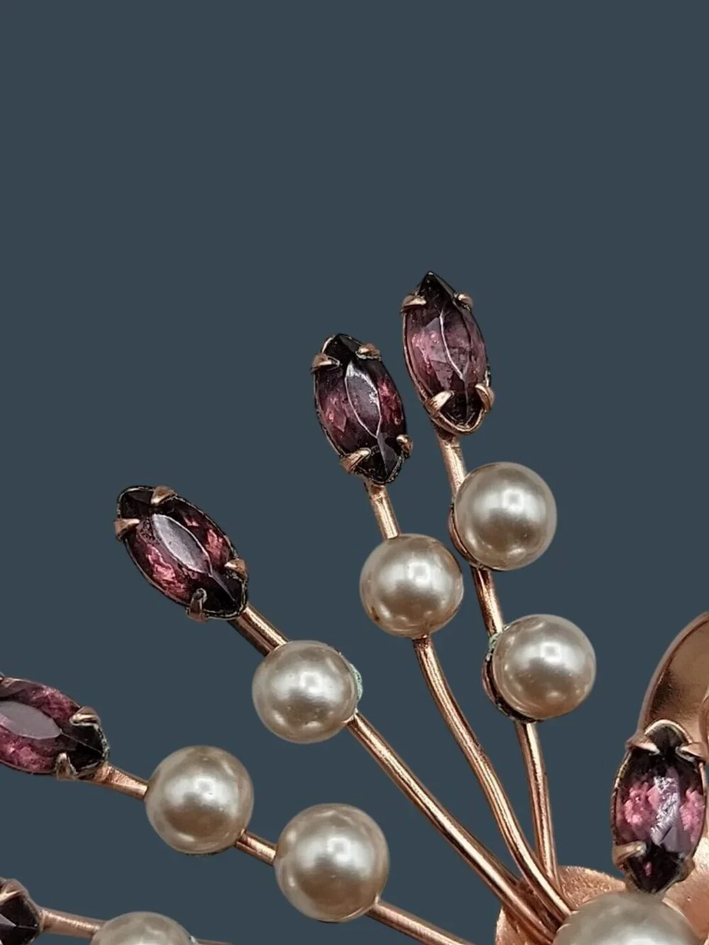 Vintage Large Amethyst Rhinestone Faux Pearl Rose Gold Plated Spray Brooch